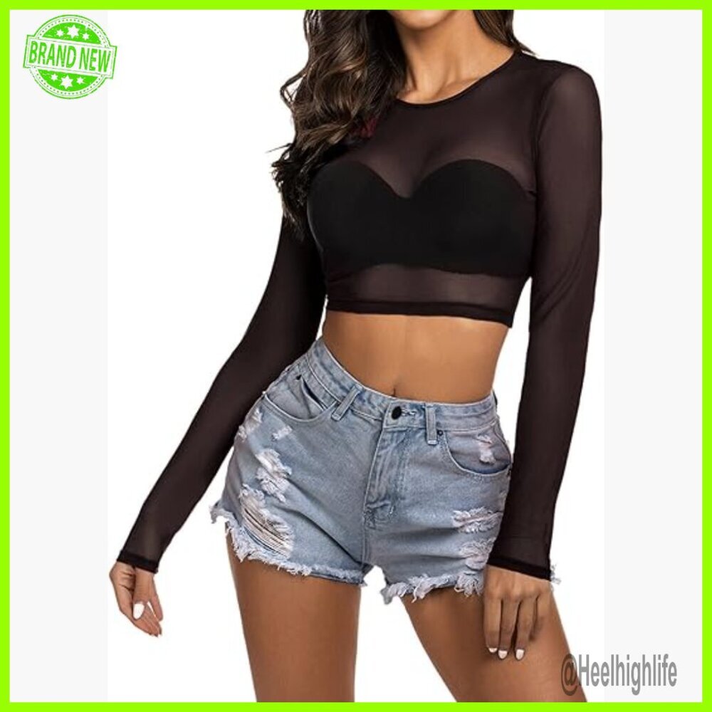 Sheer Mesh Long Sleeve Crop Top, See Through Tee, Y2K Clubwear, XS-4XL
